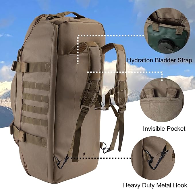 Travel Gym Duffle Bag Tactical, Gear Bag for Men Women, Large Duffle Bag for Travel, 3 in 1 Shoulder Bag Backpack Handbag for Sports Hiking Camping, Water Resistant & Easy Clean (Khaki, 55L)