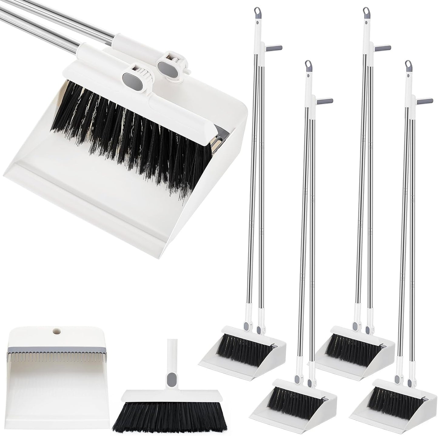 Suclain 4 Set 8 Pcs Broom and Dustpan Set 47 Inch Long Handle Brooms for Sweeping Indoor Household Dustpans for Indoor Outdoor Kitchen Floor