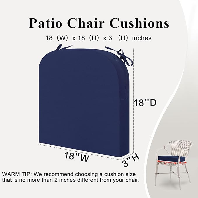 Outdoor Chair Cushions Set of 2, Waterproof Foam Patio Seat Cushions with Ties for Garden Sofa & Dining Furniture, 3-Year Color Fastness, 18x18x3 Inch, Blue