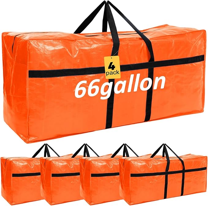 4 Pcs 66 Gallon Large Moving Bags with Zipper and Handles Foldable Storage Duffle Bags Heavy Duty Extra Large Totes for College Dorm Travel Clothes Blankets Bedding Moving (Orange)