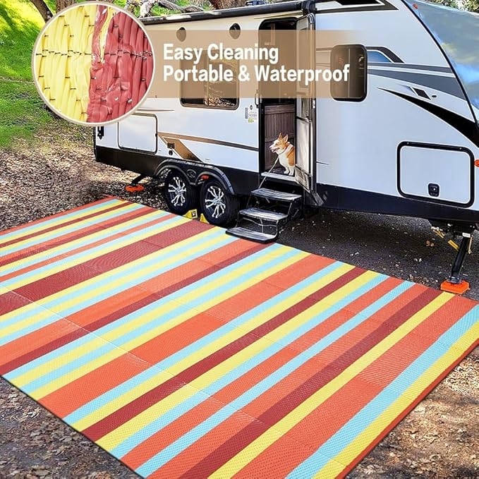 Outdoor Waterproof Rug 6'x9' Plastic Straw Rugs Washable Reversible Floor Mat Rainbow Stripe Carpet for Camping RV Deck Entryance Porch Picnic Balcony Beach Backyard