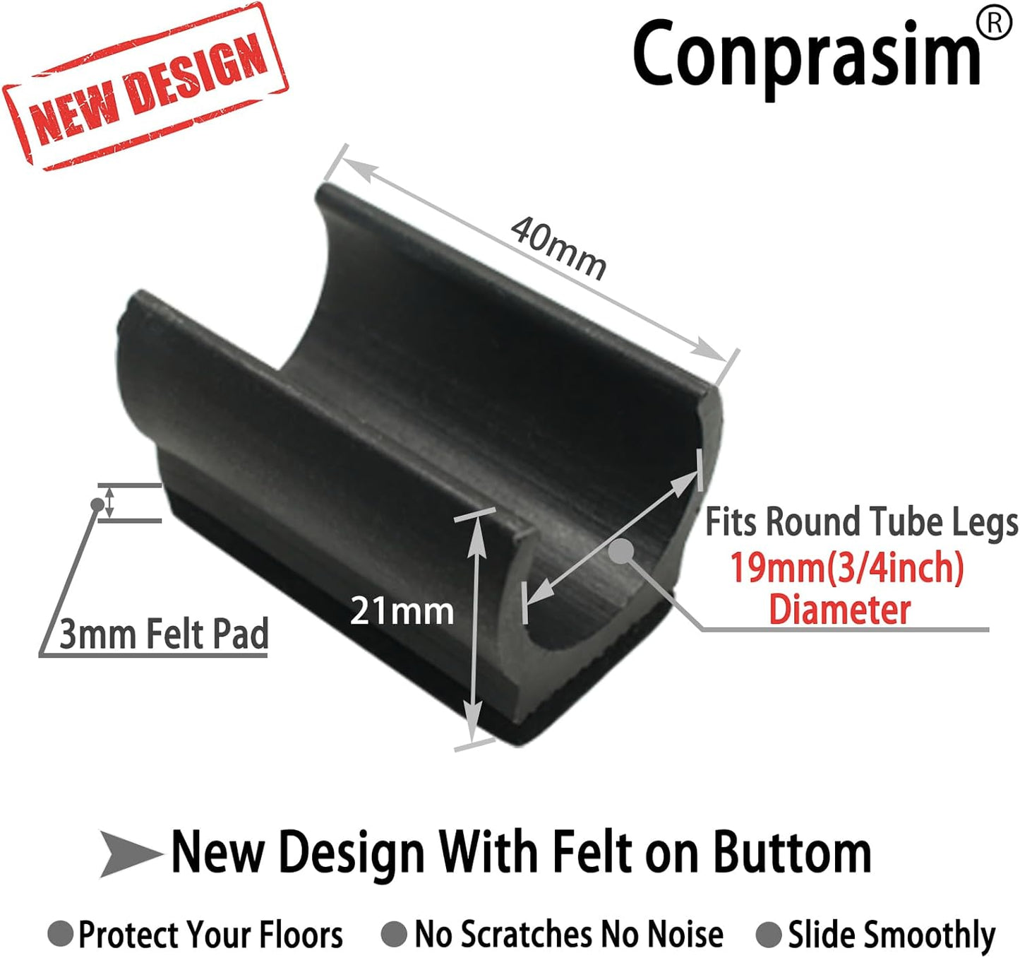 Rectangle U Shaped Chair Leg Tips Caps with Felt Pads,Furniture Feet Protectors Slide Smoothly Glides No Scratches No Noise Protect Hardwood Floors, Fit 19mm(3/4inch) Diameter Tubular Leg (Black 8PCS)