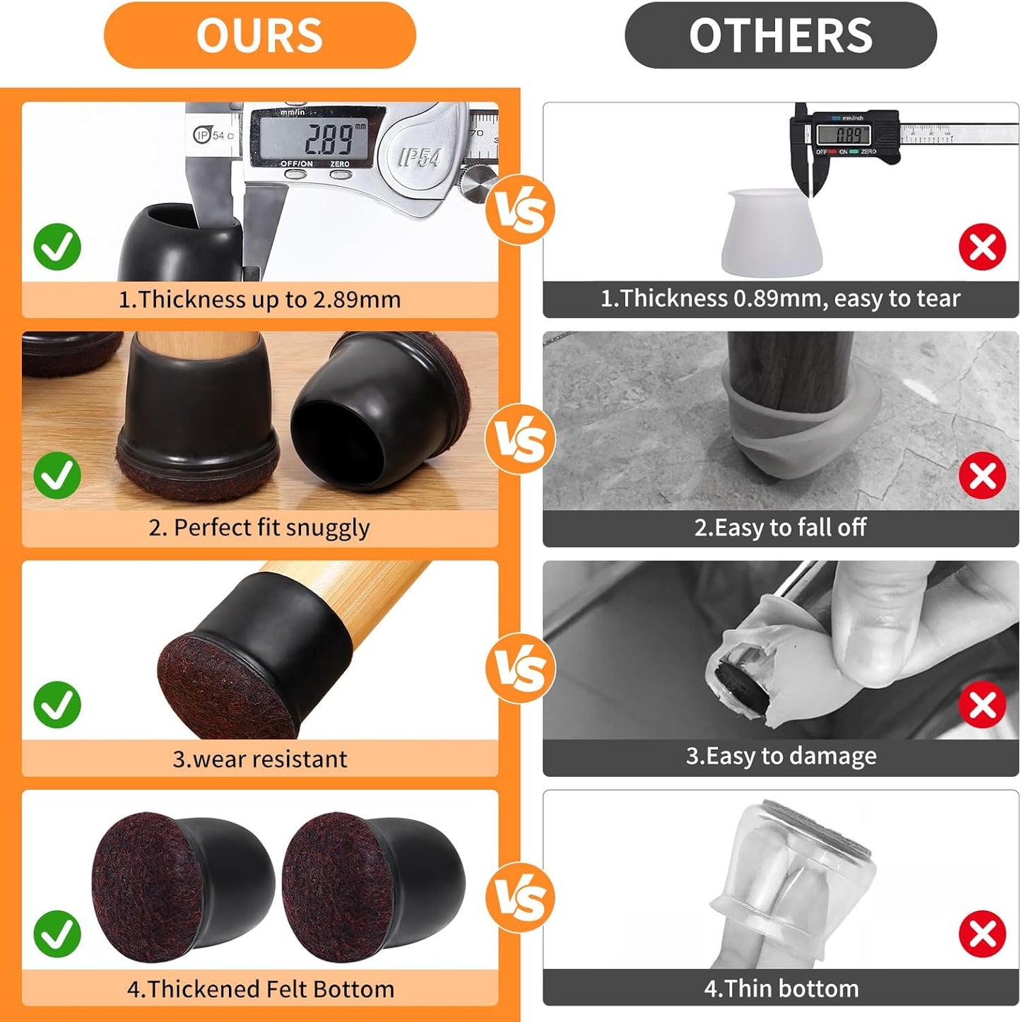 Ezprotekt 8 Pcs Extra Large Chair Leg Protectors with Felt, Silicone Felt Furniture Pads, Floor Protectors for Chair, Bar Stools Leg Protectors Caps, Table Leg Cups Covers (XL Fit: 1.4"-1.65", Black)