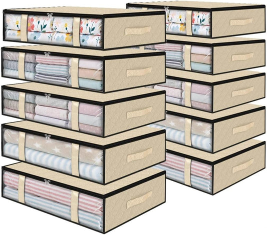 StorageRight Under Bed Storage Bins,10-Pack 40L Foldable Fabric Storage Bags with Transparent Window, Breathable Organizer for Clothes/Blanket/Comforter/Quilts,Beige