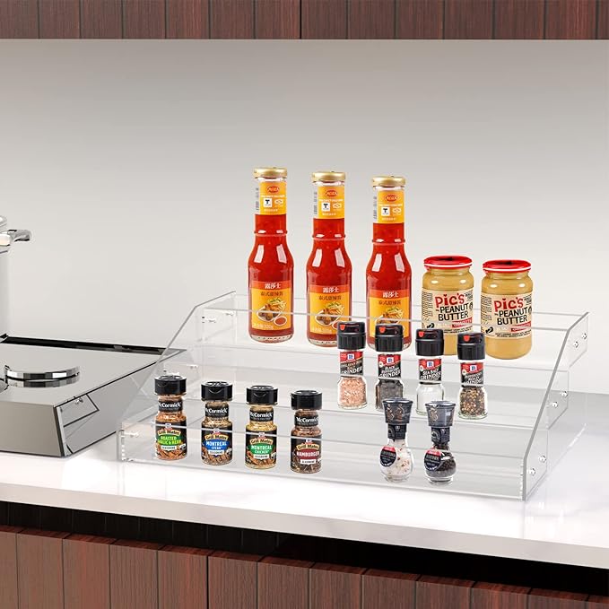 PMMASTO Widen Tiered Spice Rack, Seasoning Organizer, Clear Acrylic Vertical Shelves Can Organizer for Countertop, Cabinet, Pantry, Kitchen Organization and Storage - 3 Tier