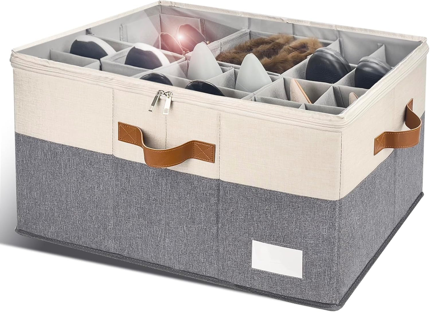 Shoe Organizer for Closet, Foldable Shoe Storage Bins with Clear Cover, Space Saving Shoes Holder with 4 Handles, Large Adjustable Shoe Box Storage Containers, Fits 12-24 Pairs, 1 Pack, Beige