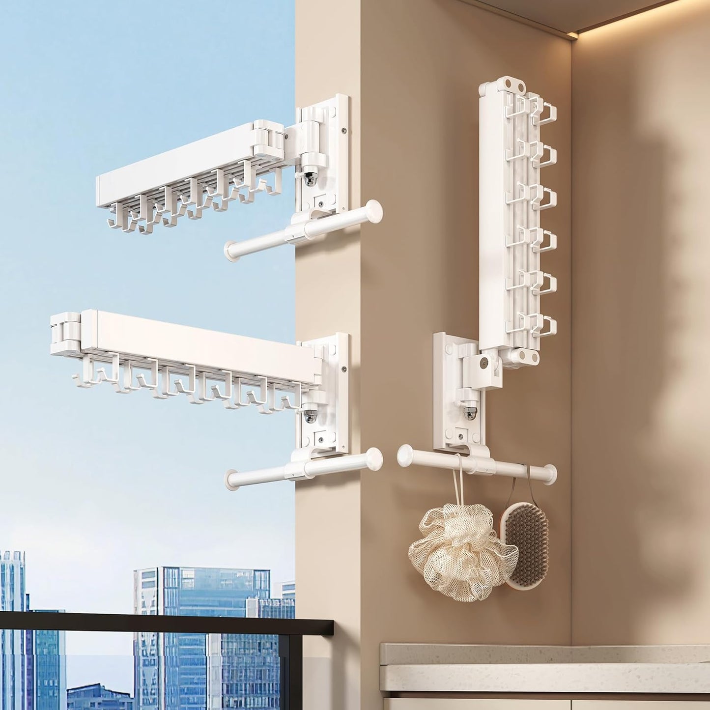 Wall Mounted Collapsible Clothes Drying Rack, Space-Saving Laundry Drying Rack Clothing Hanger, Durable Foldable Design Extends Left, Right & Up for Upgraded Versatility