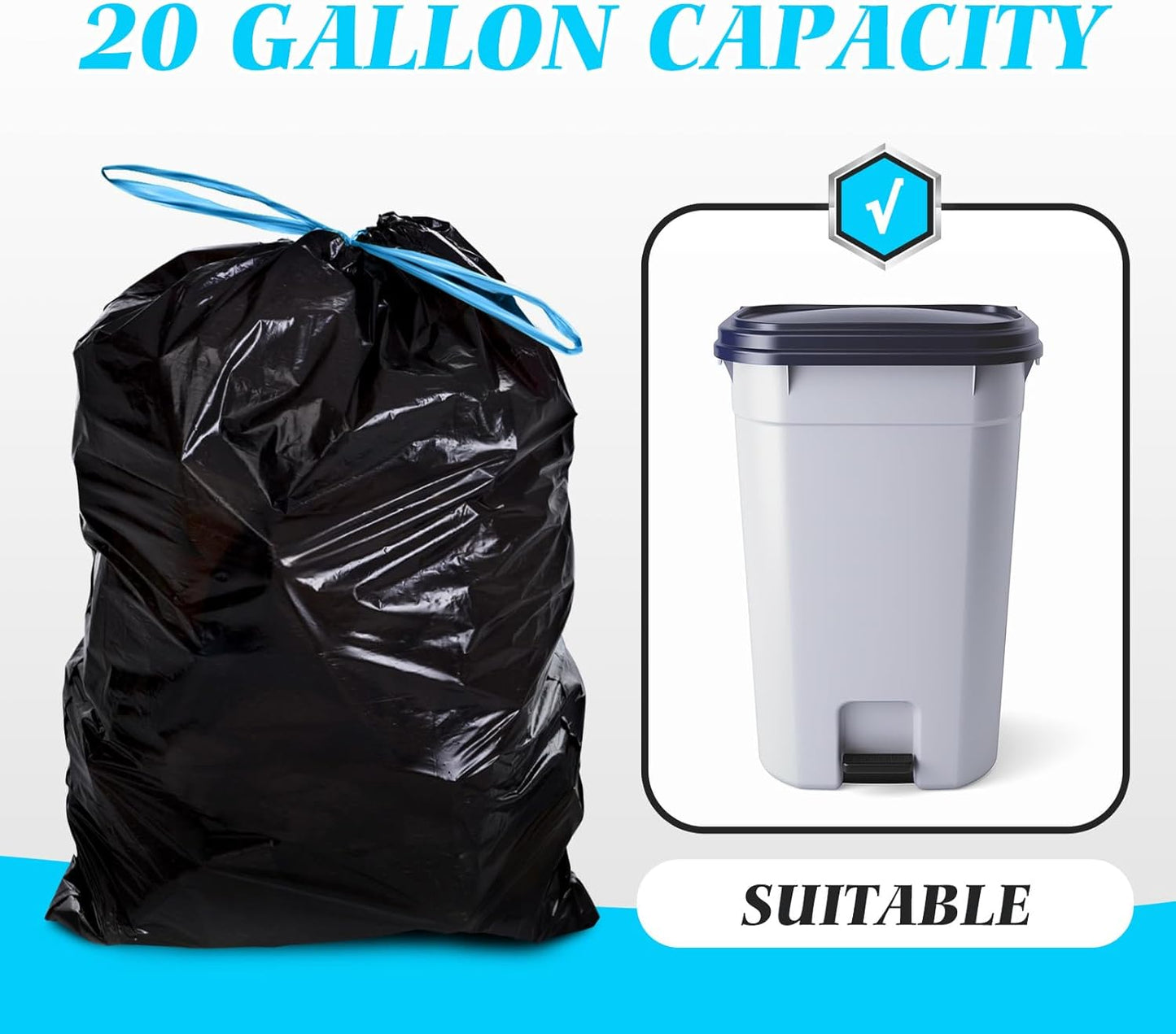 Teivio 20 Gallon 60 Counts (fit 18-20 Gal) Large Drawstring Trash Bags Strong Tall Kitchen Compactor Bags Garbage Bags for Home/Office/Light Residential Waste/Outdoor Trash Can, Lawn，Black Trash Bags