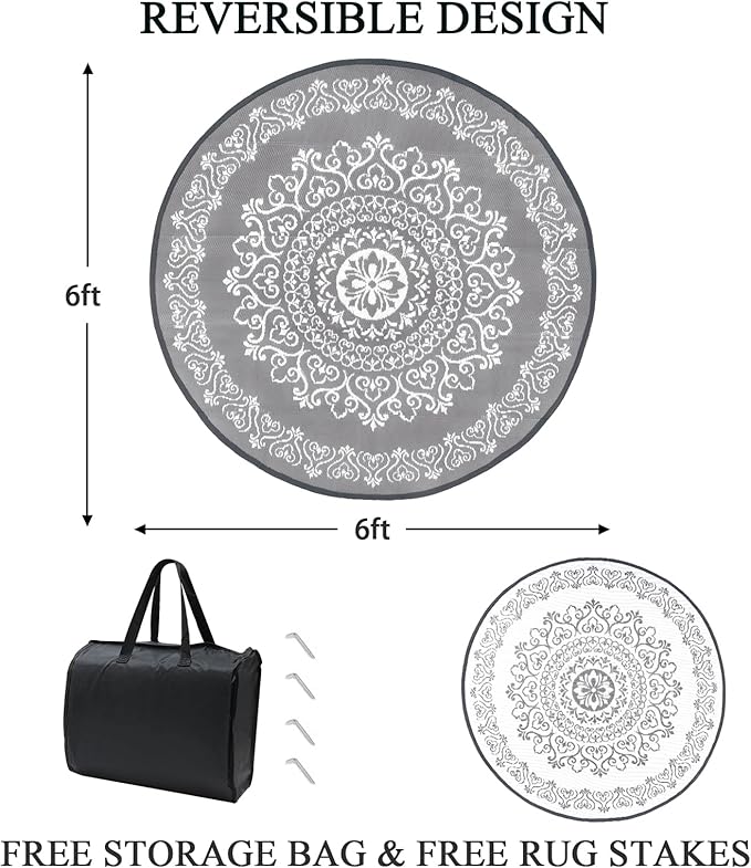 Pauwer Waterproof Outdoor Rug 6ft, Reversible Plastic Straw Patio Camping Rug, Indoor Outdoor RV Mat Carpet for Deck, Camper, Porch, Balcony, Backyard, Picnic, Floral Grey