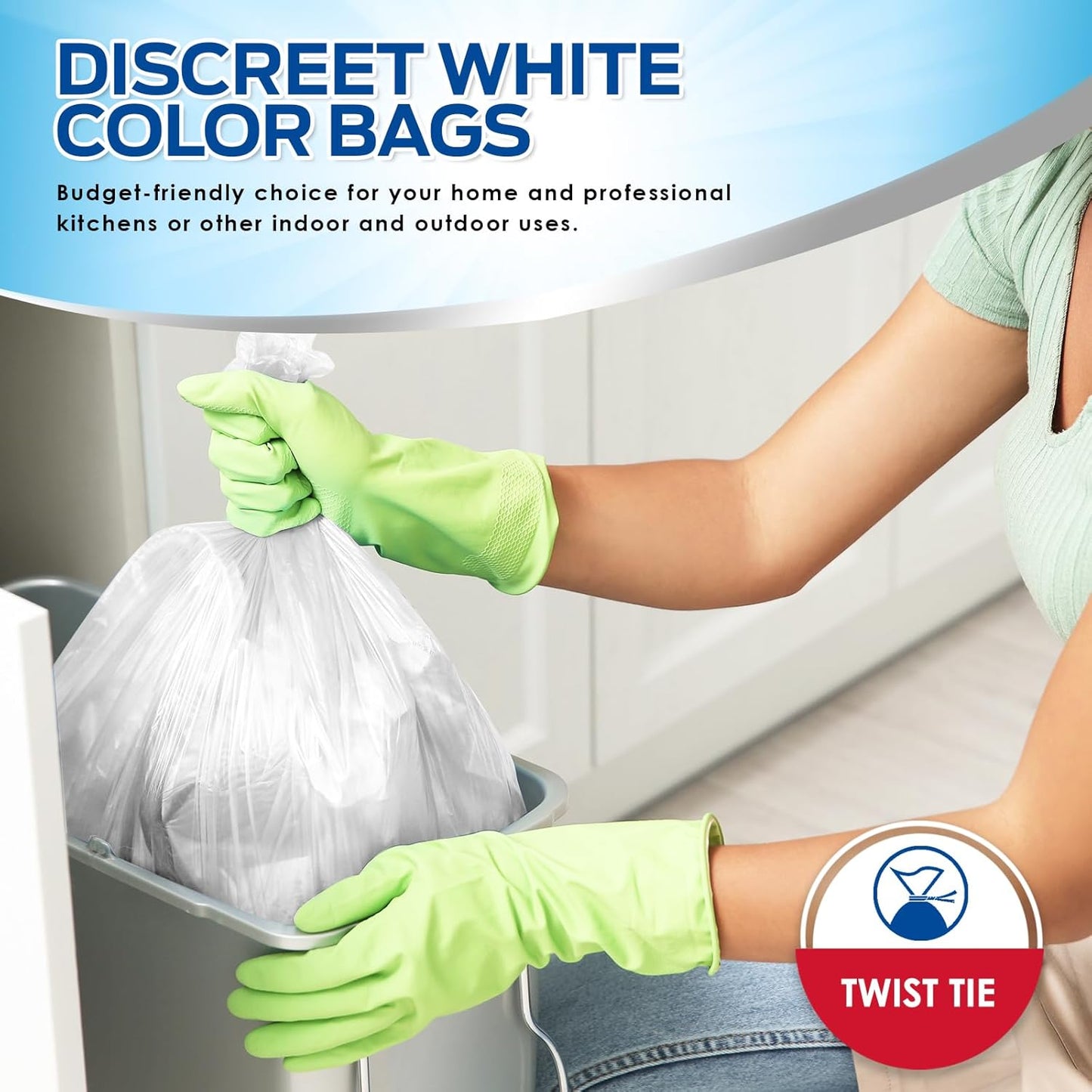 PAMI 13-Gallon Tall Garbage Bags [130-Pack, White] With Twist Ties - Unscented, Odor-Control Trash Can Liners - Strong Multipurpose Plastic Trash Bags For Kitchen, Bathroom, Office