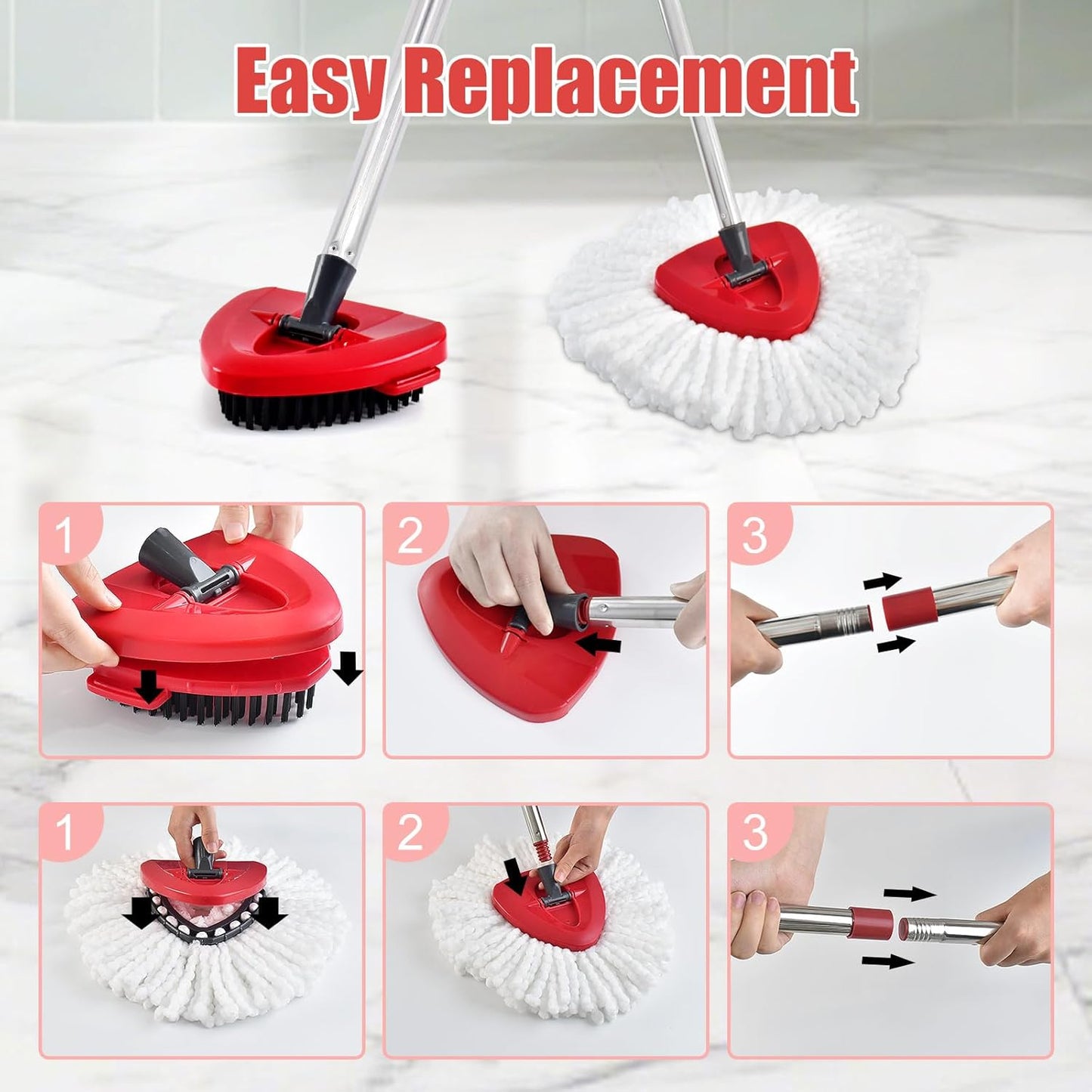 Spin Mop Heads Replacements for O Ceda EasyWring 1-Tank System, 4-Section Stainless Steel Mop Handle, 2 Microfiber Mop Head Refills, 1 Base and 1 Scrub Brush Combo Set for Floor Cleaning