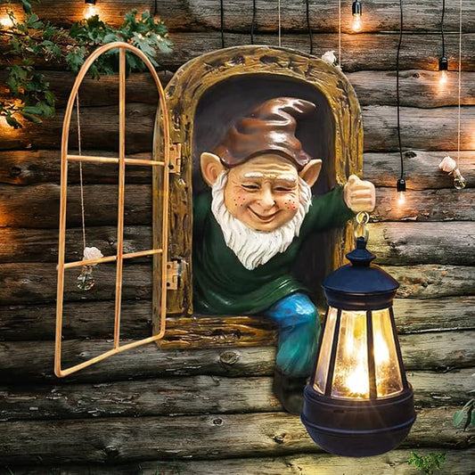 Whimsical Fairy Garden Gnomes with Solar Lights-10 Elf Out The Door Tree Hugger Garden Statues-Outdoor&Yard Decor-Tree Face Sculpture,Ideal Yard Art for Patio,Fence,Wall