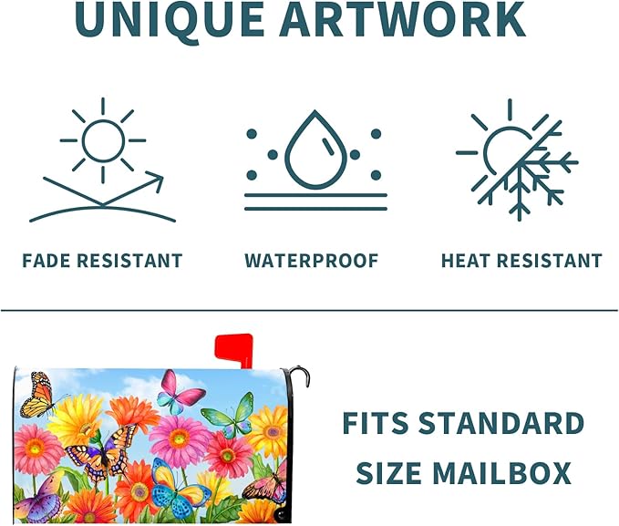 Spring Flower Mailbox Covers Magnetic Standard Size 21x18 Inch Beautiful Fluttering Butterfly Mailbox Covers Colorful Floral Decorative Mailboxes Wraps Post Letter Box Cover for Outside