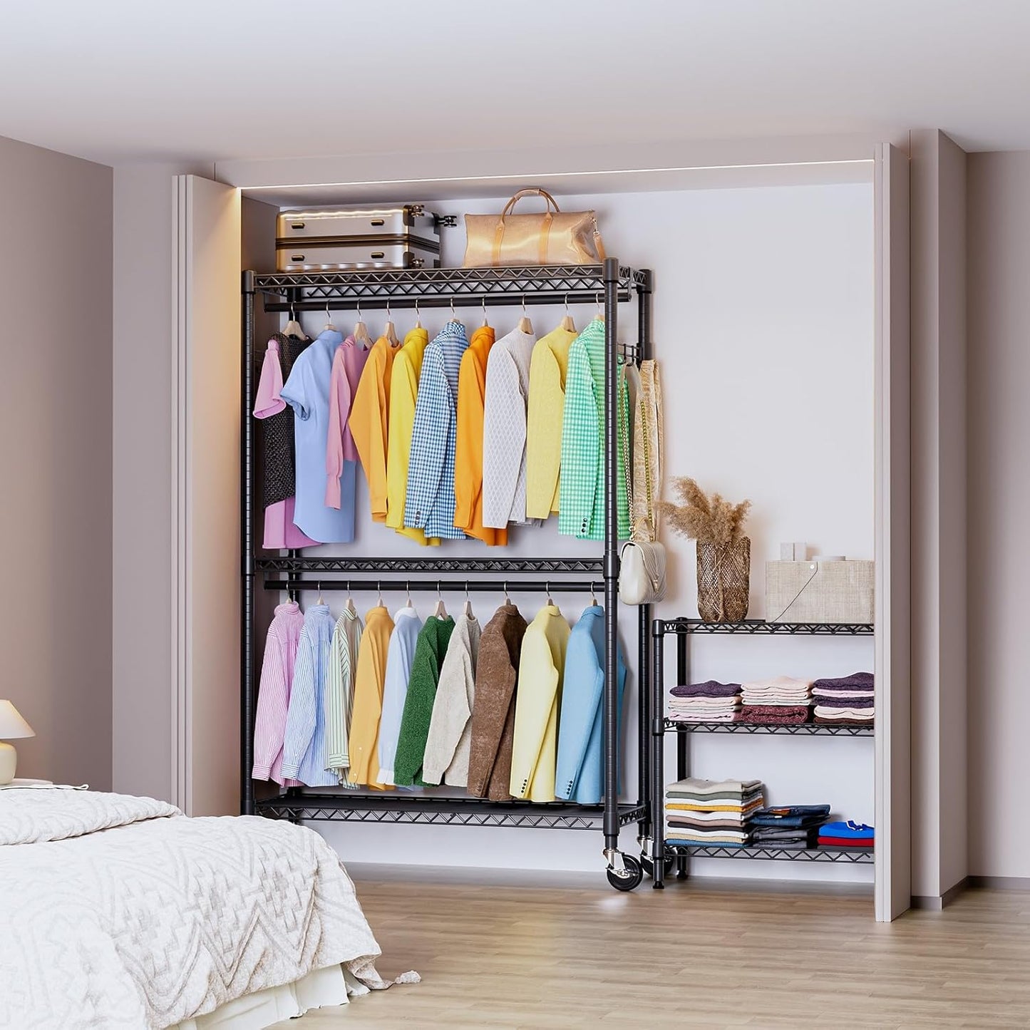 IZEUK 3 Tier Heavy Duty Rolling Garment Rack Wire Clothes Rack for Hanging Clothes, Metal Freestanding Closet Wardrobe Rack with Double Rods and Side Hooks Black 15.7" D x 45.3" W x 79.6" H