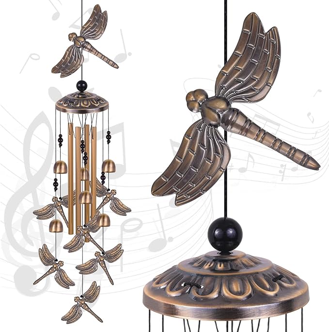 Bronze Dragonfly Wind Chimes - Garden, Home & Patio, Balconies, Room, Indoor, Outdoor Decoration, Dragonfly Decor, Outdoor Dragonflies Wind Catcher, Memorial Wind Bells Gifts for Mom & Women