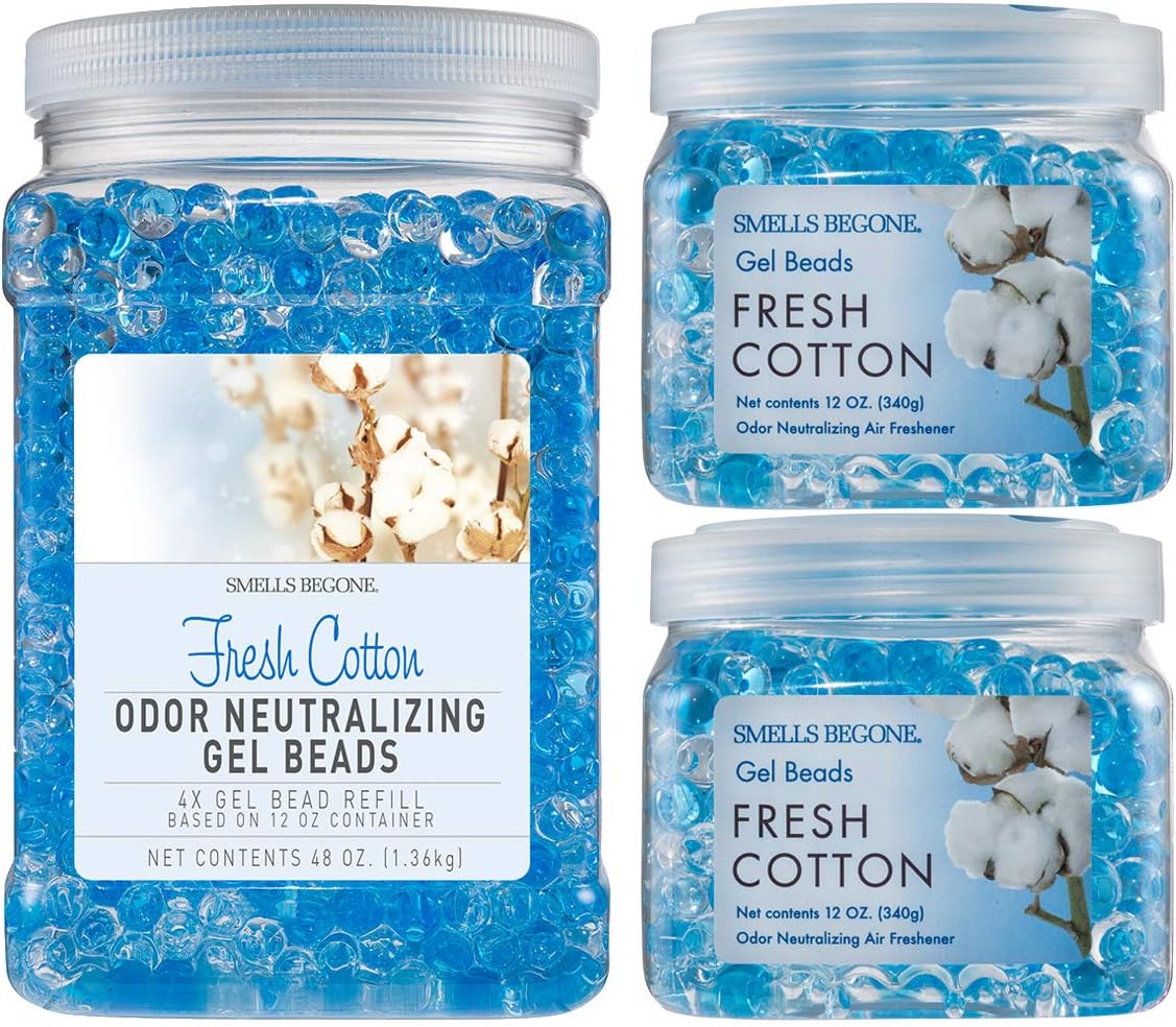 SMELLS BEGONE Odor Eliminator Gel Bead Value Pack - 72 oz - Air Freshener - Made with Essential Oils - Eliminates Odors in Bathrooms, Pet Areas, Cars, & Boats - Fresh Cotton Scent