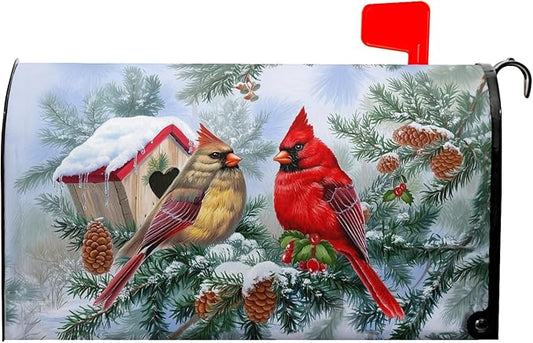 Winter Cardinal Magnetic Mailbox Covers Standard Size 21''x18'' Xams Sweet Birds Decorative Post Letter Box Cover Christma Birdhouse Snowy Pine Letterbox Cover for Home Outdoor Garden