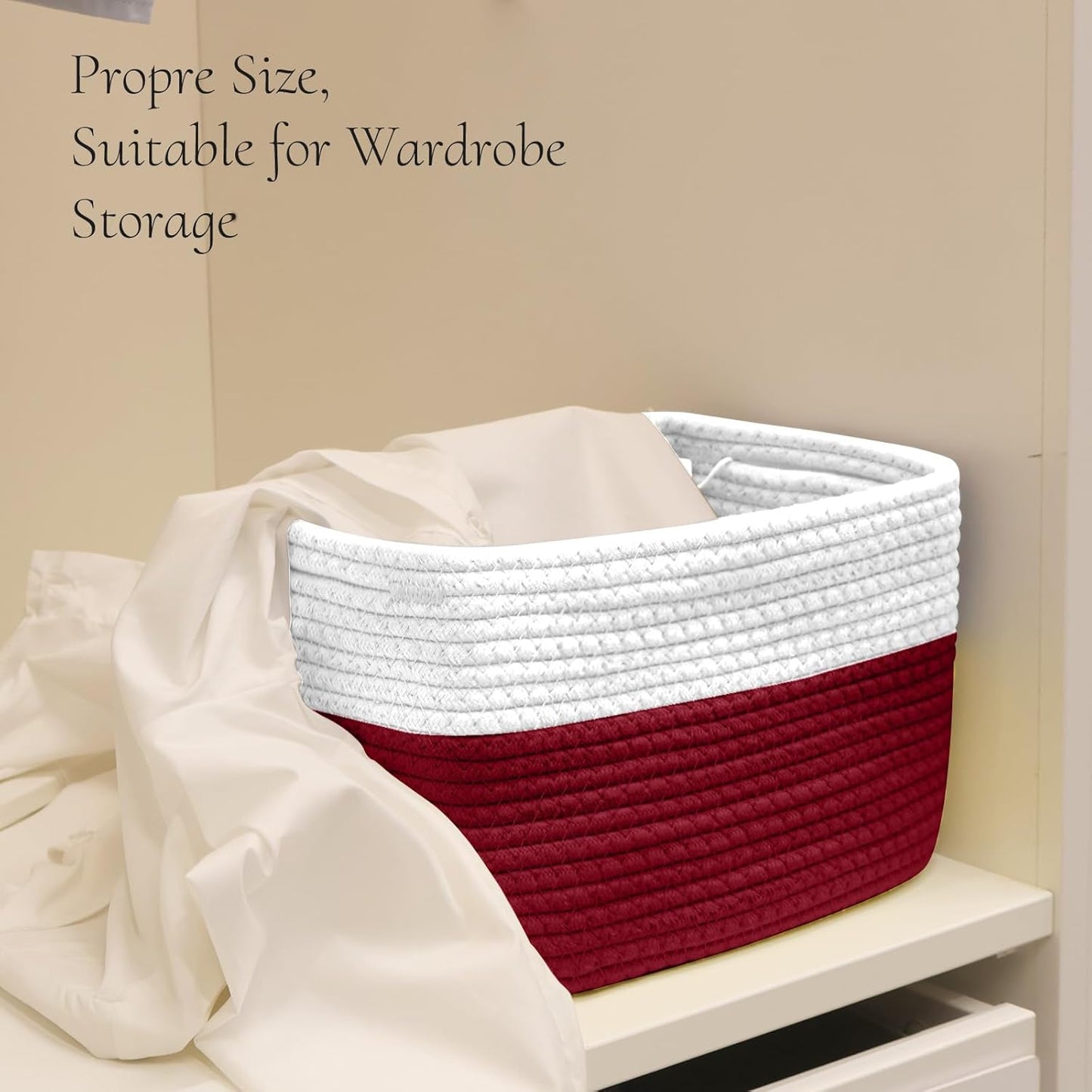 Hopegiver Woven Storage Baskets 11x8x7 Inch, 3 Pack Collapsible Cube Storage Bin for Shelves - Foldable Cotton Rope Organizer Bins for Towels, Toys, Books, Closet, Nursery (White Red)