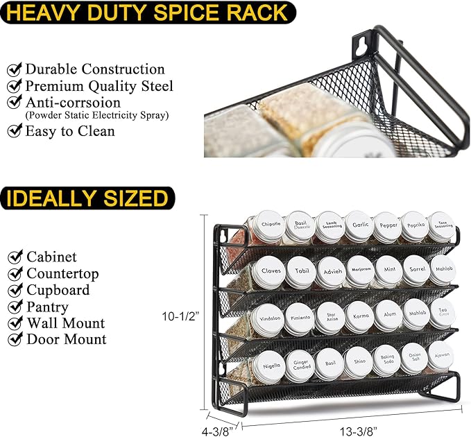 SpaceAid Spice Rack Organizer with 28 Spice Jars, 386 Spice Labels, Chalk Marker and Funnel Set for Cabinet, Countertop, Pantry, Cupboard or Door & Wall Mount - 28 Jars, 13.4" W × 10.8" H, White