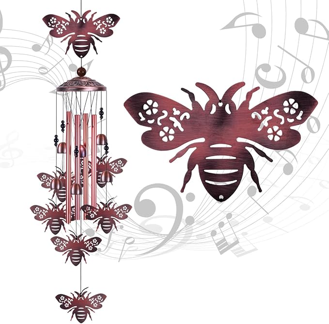 Outdoor Bee Wind Chimes Gifts for Mom - with 4 Tubes 6 Bells 7 Bees Wind Bells, Mobile Wind Catcher, Romantic Bee Decor, Bee Bells, Bees Windchimes for Home, Balcony, Tree, Festival, Garden Decoration