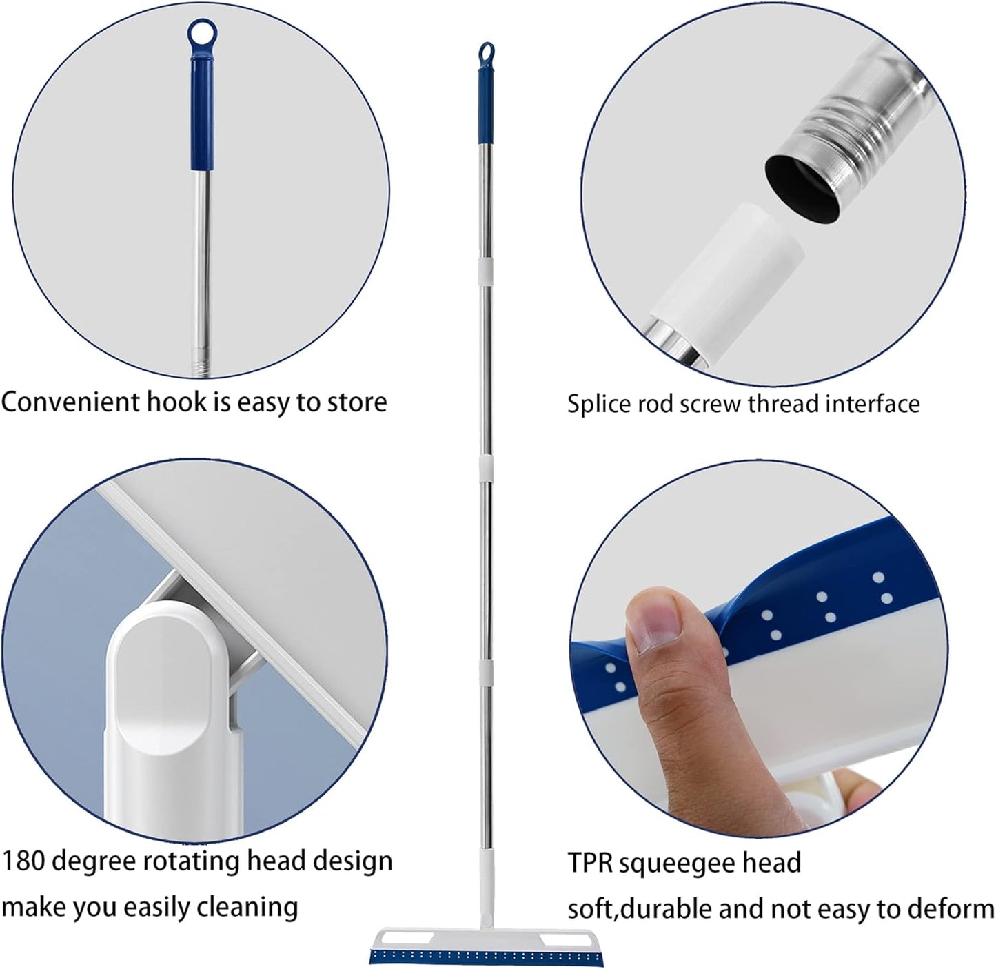 Multifunction Magic Air Broom, Silicone Broom with 56" Long Handle, 4 in 1 Rubber Squeegee Sweeper for Floor Bathroom Kitchen Shower Tile Pet Hair Fur Marble Glass Water Window Foam Cleaning (Blue)