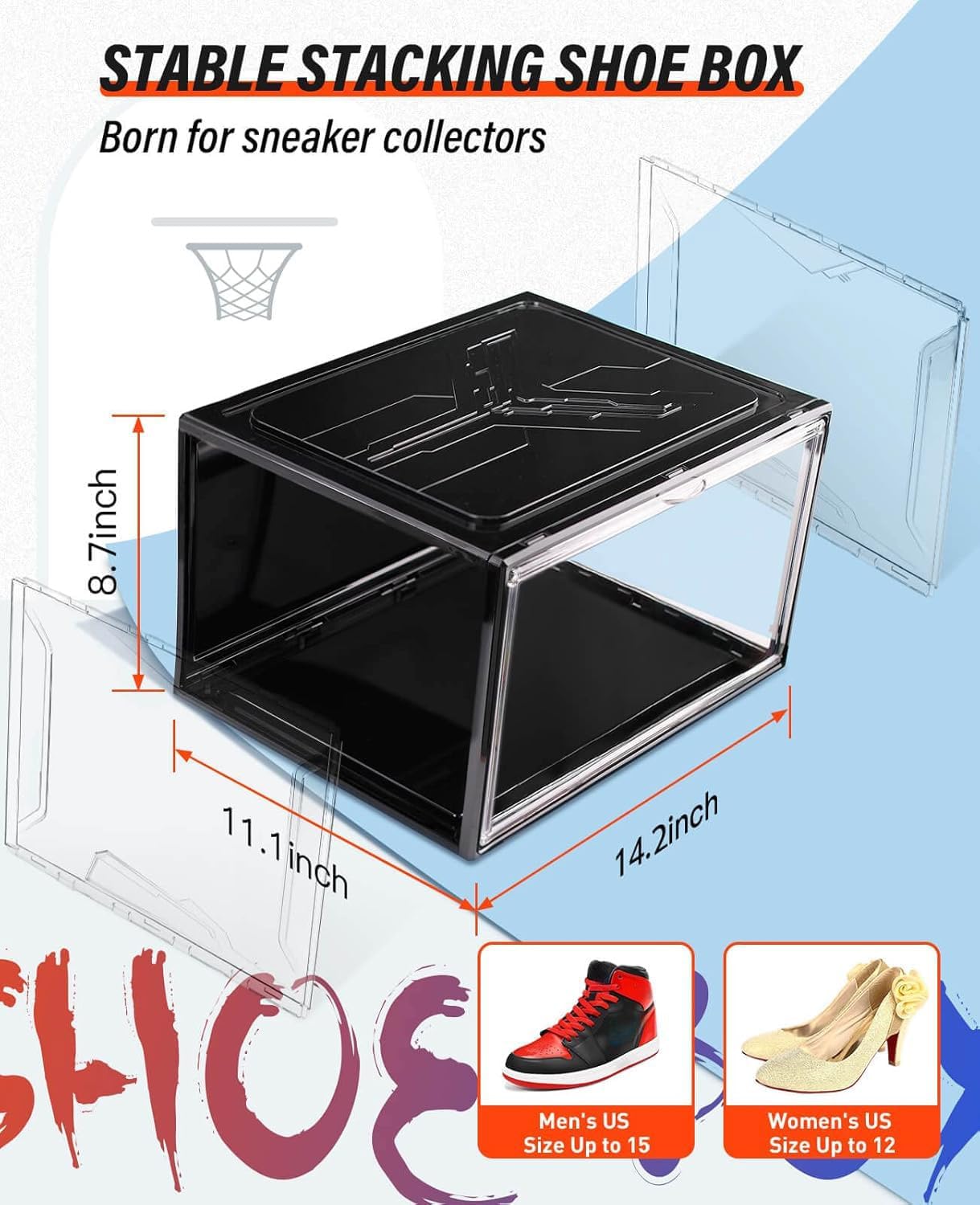 KDOR Clear Shoe Boxes Stackable, 3 Pack Shoe Storage Box with Lids Magnetic Door, Clear Sneaker Storage Acrylic Boxes for Display, Fit Shoe Size Up to US 15