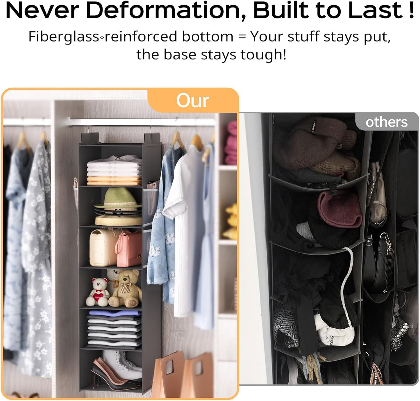 Extra Deep Hanging Closet Organizer with 6 Shelves and Oversized Mesh Pockets, Heavy-Duty Structure, No Deformation, Max Storage for Clothes, Shoes, Hats, Dorms and RVs, Grey,1-Pack