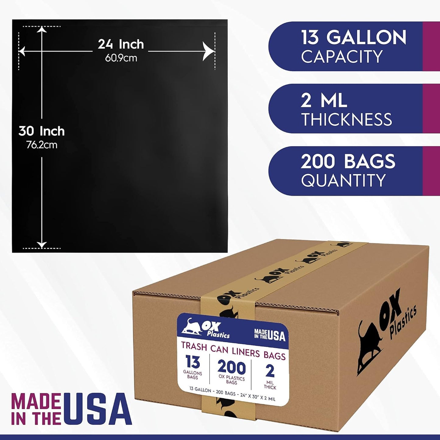 OX Plastics Black Trash Bags - Heavy Duty Garbage Bags, Extra Thick Unscented Large Trash Can Liners for Home, Outdoor, and Commercial Use - 13 Gallon, 200 Count