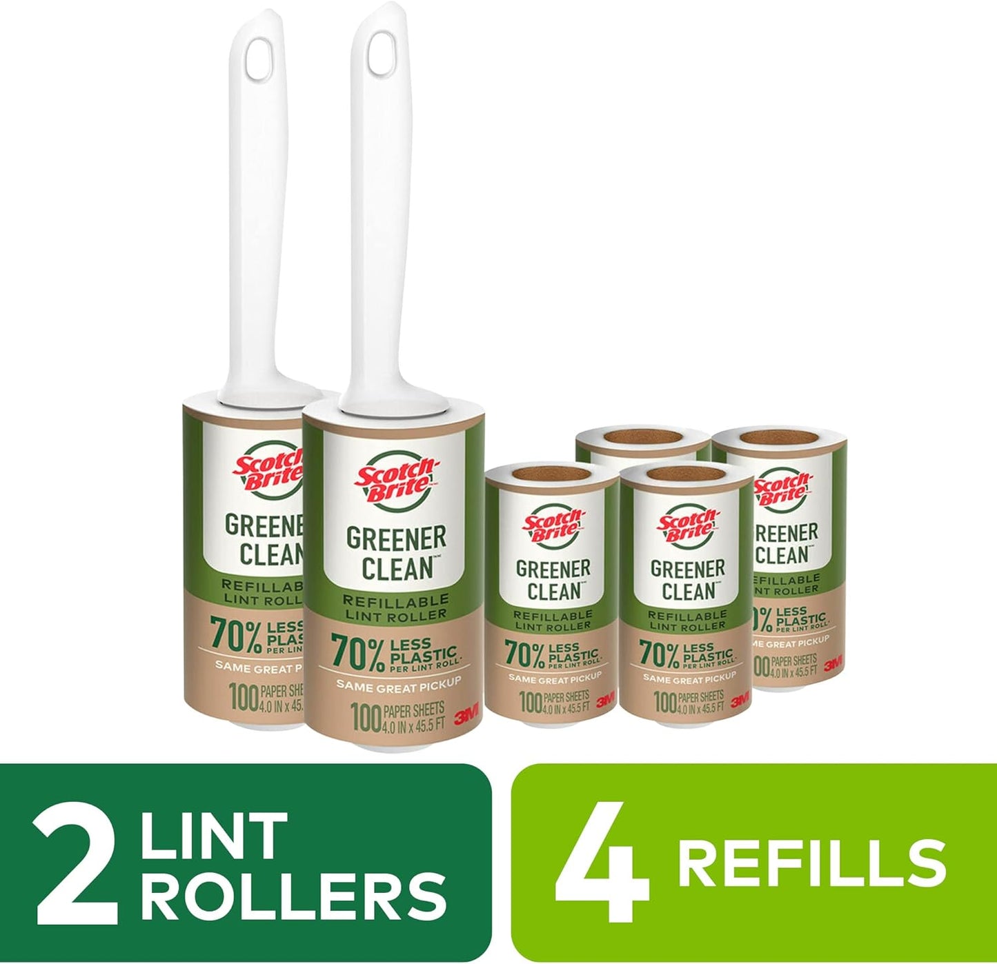 Scotch-Brite Greener Clean Lint Roller, Reusable Lint Rollers for Clothes, Furniture, and Pet Hair, Tidy Up Fabrics with a More Sustainable Fuzz Remover, 2 Roller, 4 Refills