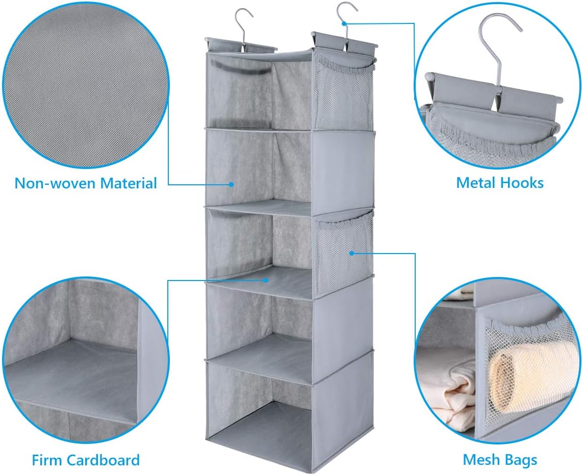 MAX Houser 5 Shelf Hanging Closet Organizer,Space Saver, Closet Hanging Shelves with (4) Side Pockets,Foldable,Light Grey