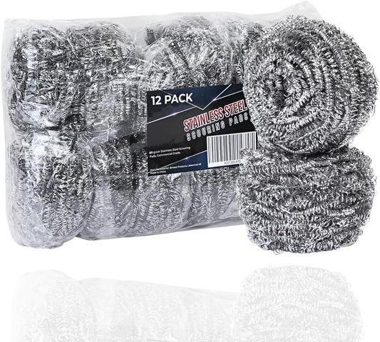 Brheez Stainless Steel Cleaner Scouring Pads [12 Pack] - Industrial & Commercial Strength Large Cleaning Supplies Dish Sponge - Individually Wrapped 80 Gram
