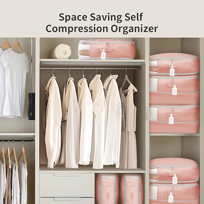 DIMJ Comforter Storage Bag 4 Pack - Blanket Storage Organizer Compression Bags, Large Capacity Ultra Space Saving Self Compression Organize for Bedding, Pillow, Duvet, Sheet Storage with Zipper Window