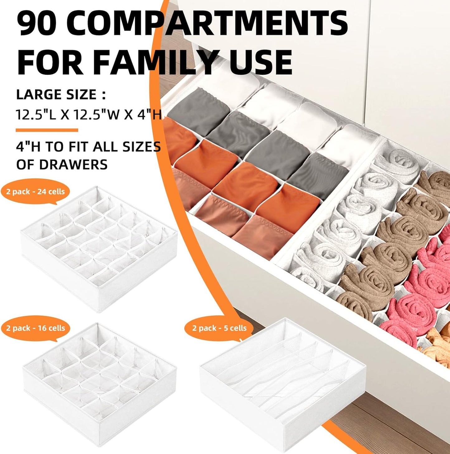 Criusia Drawer Organizer - 6 Set Clothes Organizer for Closet & Bedroom - 90 Cells Bins for Sock, Underwear, Bra, Baby Clothes - Washable & 10xDurable than Non-Woven Fabric (White)