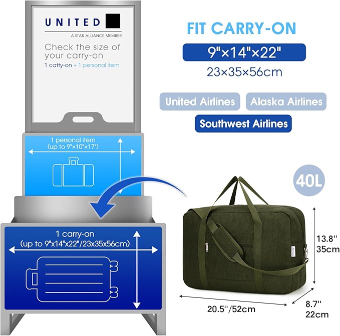 Carry on luaggage 22x14x9 Airlines Approved Foldable Carry on Bag Travel Duffel Packable Duffle Overnight for Women and Men 40L (Army Green)