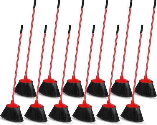 12 Pcs Heavy Duty Commercial Angle Broom 53 Inch Long Handle for Sweeping Indoor Outdoor - Garage, Courtyard, Patio, Lobby, Mall, Market, Shop, Sidewalk Floor (Red)