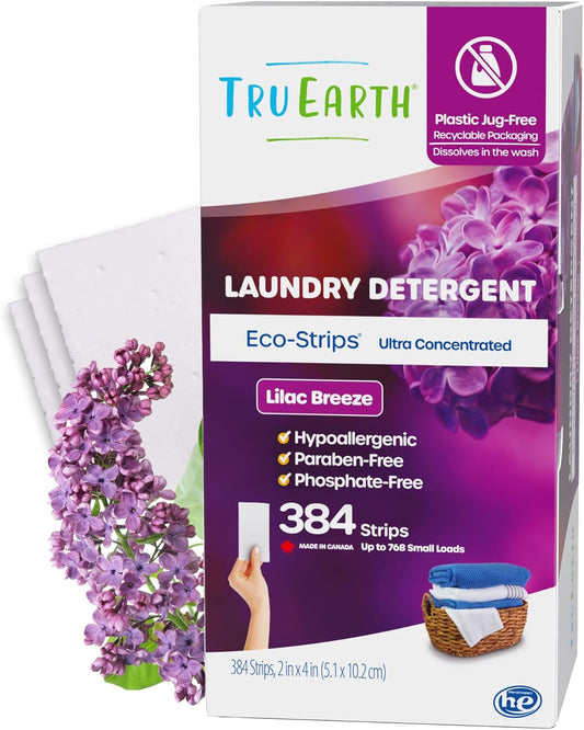Tru Earth Compact Dry Laundry Detergent Sheets - Up to 768 Loads (384 Count) - Paraben-Free - Original Eco-Strip Liquidless Detergent, Travel Sheets - Lilac Breeze