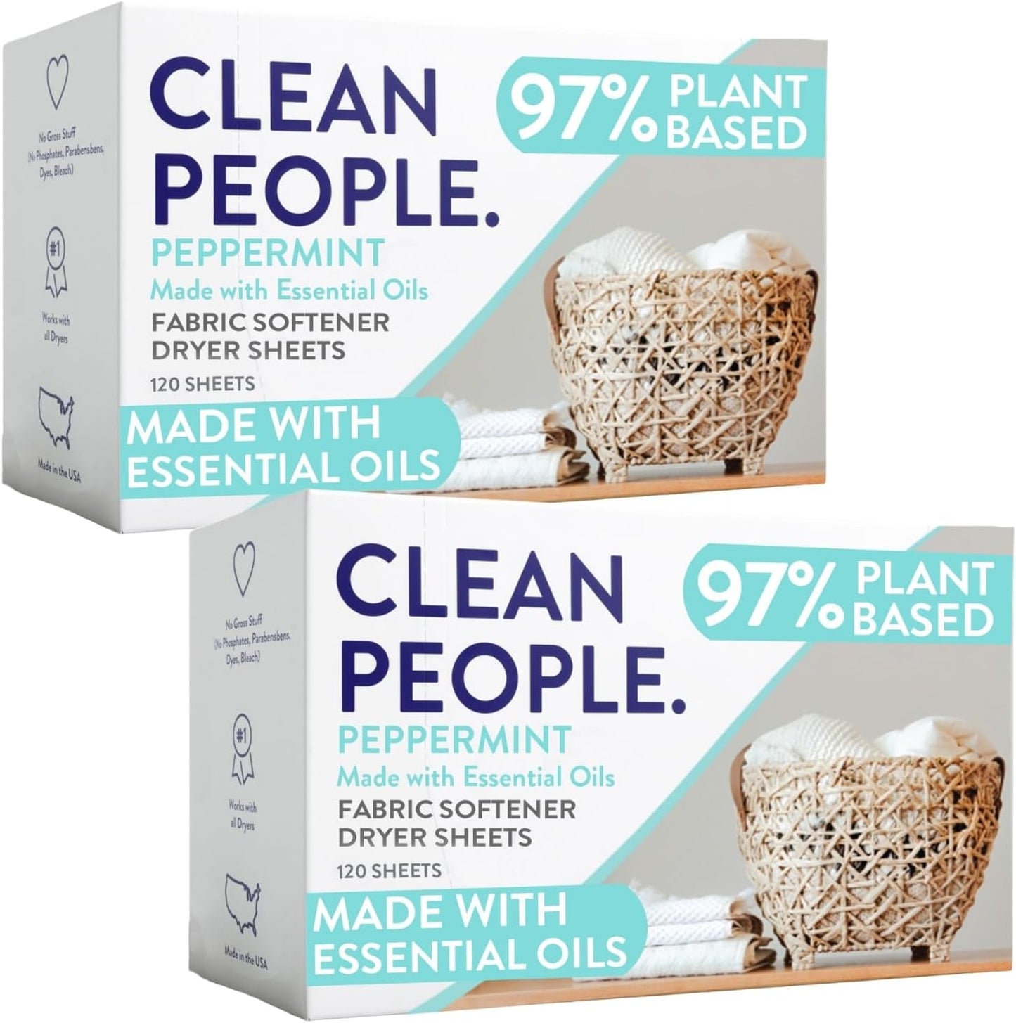 The Clean People Fabric Softener Sheets - Dryer Sheets - Softens & Removes Static - Vegan Laundry Softener With Essential Oils - Peppermint 240 Pack