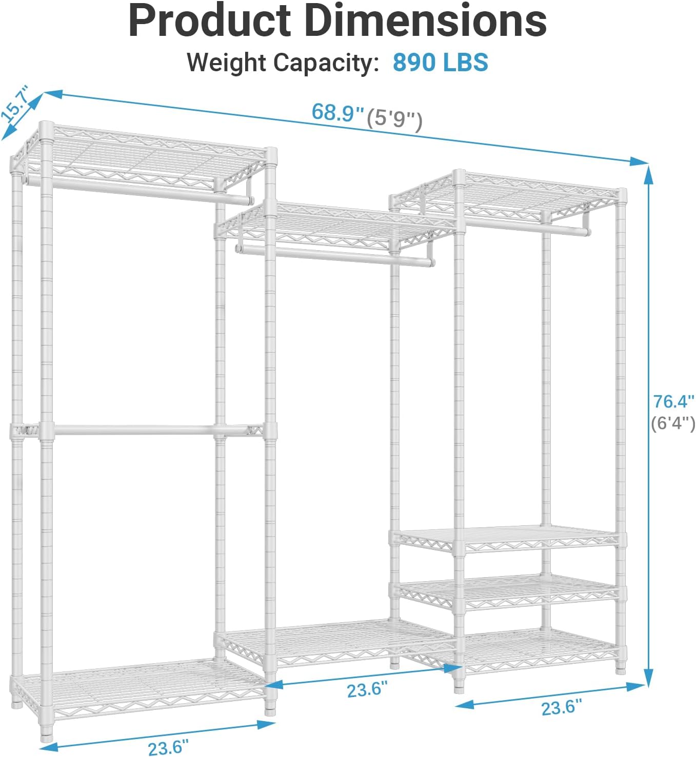 VIPEK V5 Portable Closet Wardrobe Heavy Duty Clothes Rack, Freestanding Clothing Racks with 4 Hang Rods & 8 Shelves, Adjustable Custom Closet Racks, 68.9" L x 15.7" W x 76.4" H, Max Load 800LBS, White