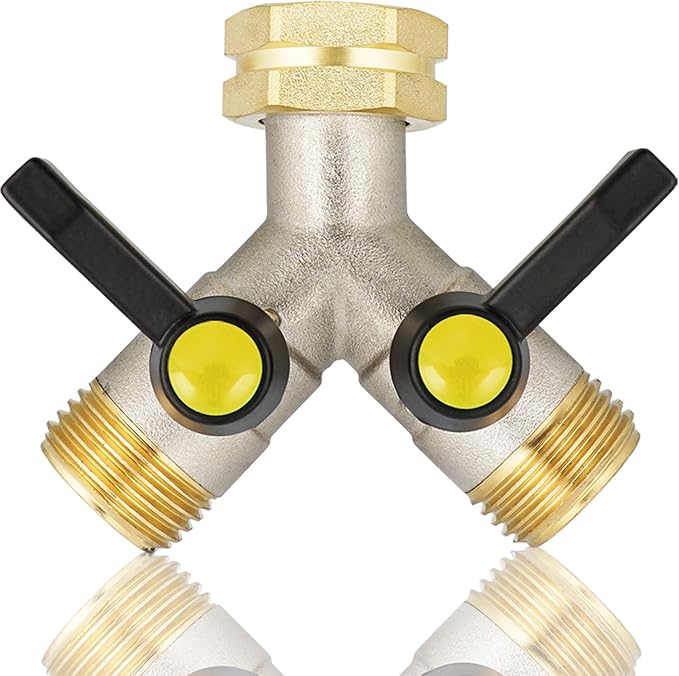 EJW Garden Hose Splitter 2-Way Heavy Duty, Y-Valve Garden Hose Faucet Splitter, 3/4” GHT Threads,Outdoor Faucet Splitter，Brass High Flow, Garden Hose Y-Splitter 2-Way,Y-Valve Full Flow Hose Splitter.
