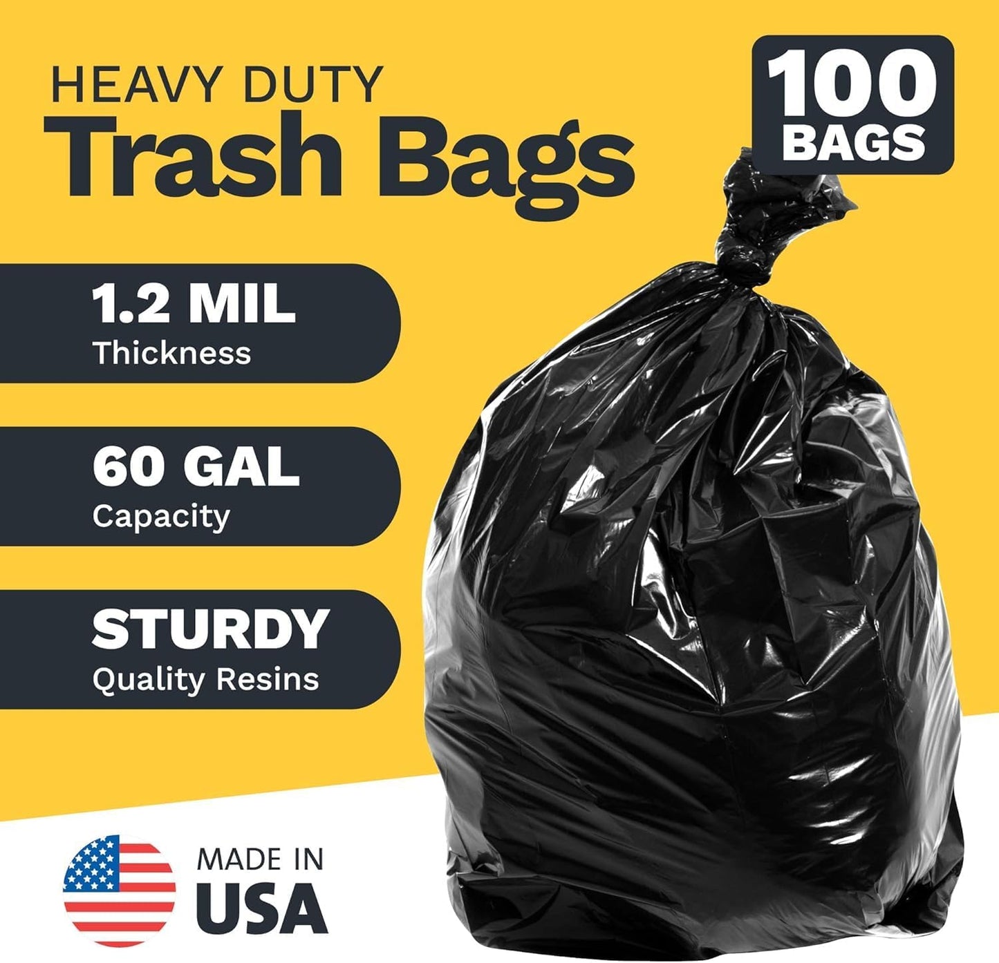 ToughBag 55 Gallon Trash Bags Heavy Duty (100 Count) - 50-60 Gallon Black Garbage Bags, Large Trash Bags - 38 x 58" - Made in USA
