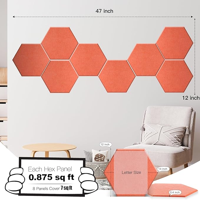 Mollywell Hexagon Acoustic Panels, High Density, Soundproofing, Decorative Noise Reduction Felt Wall Tiles for Ceilings, Home Office & Gaming Room (Orange), 14x12x0.4 Inch