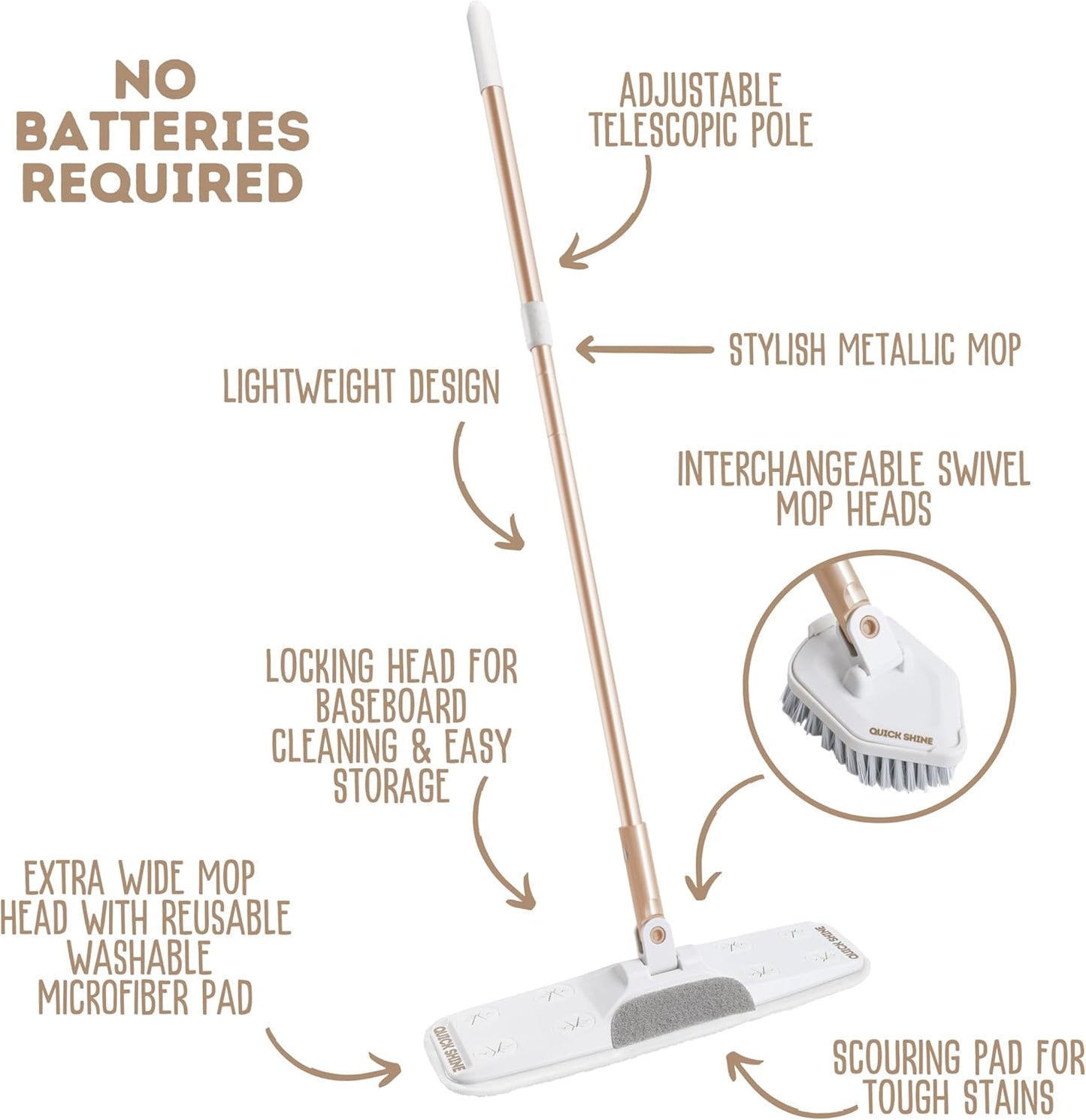 Quick Shine Ultimate Gold Clean + Polish Mop Kit | All-in-One 10 Pc Kit w/Interchangeable Attachments | Floor Polish Included | No Batteries Needed | Pro Cleaning for Hardwood Floors | 2-in-1 Mop