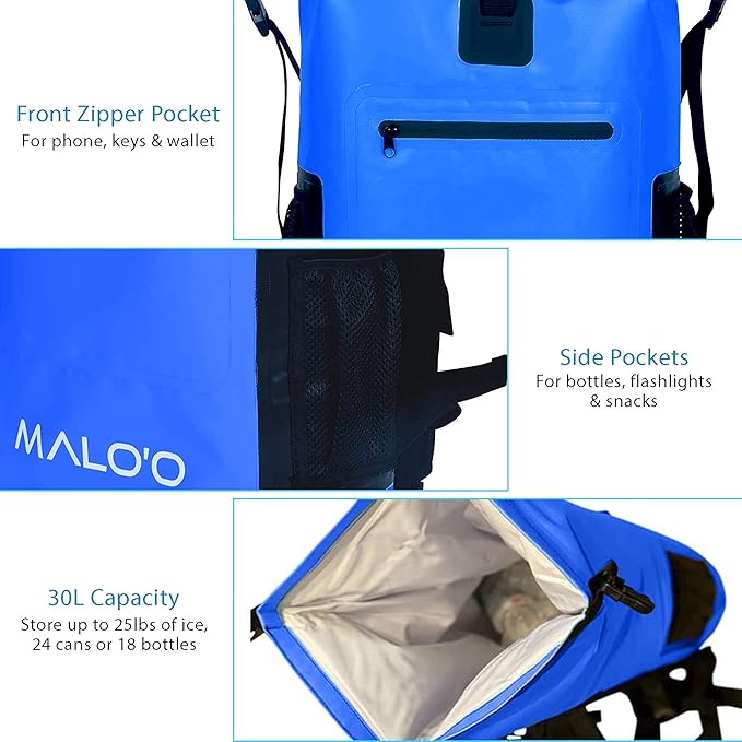 Malo'o Backpack Cooler Bag Holds 24 cans or 18 Bottles and ice - Roll-Top Soft Cooler for Kayaking, Camping, Beach, Fishing, Hiking Daypack & Travel Gear - Closed-Cell Insulation Cooler Backpack