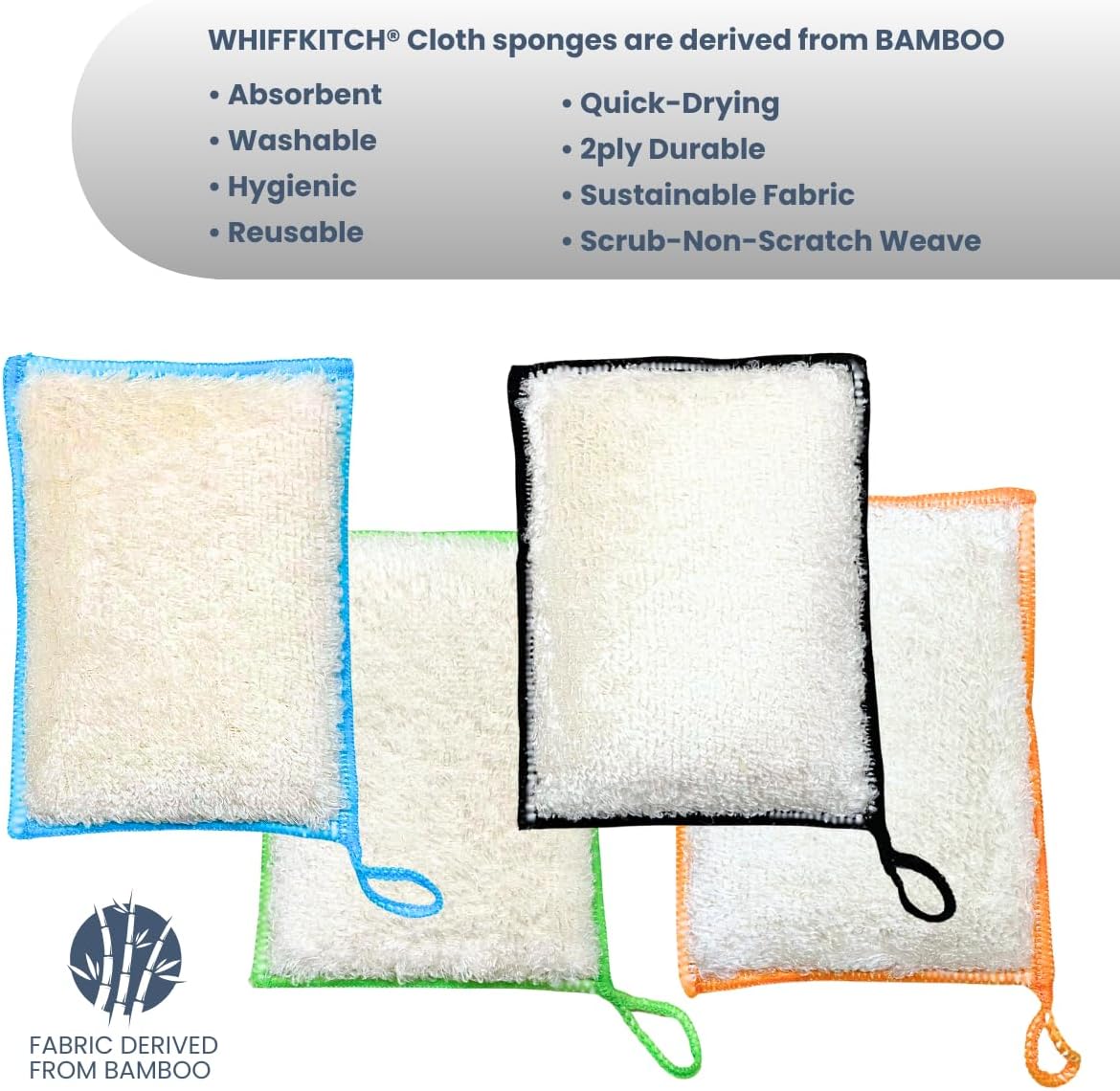 Whiffkitch Bamboo Fiber Kitchen Sponges – Washable Multicolor Non Scratch Dish Sponge Set for Sink, Dishes, and Countertops – Durable Household Cleaning Pads, Washable Dishwashing Scrubbers, 4-Pack