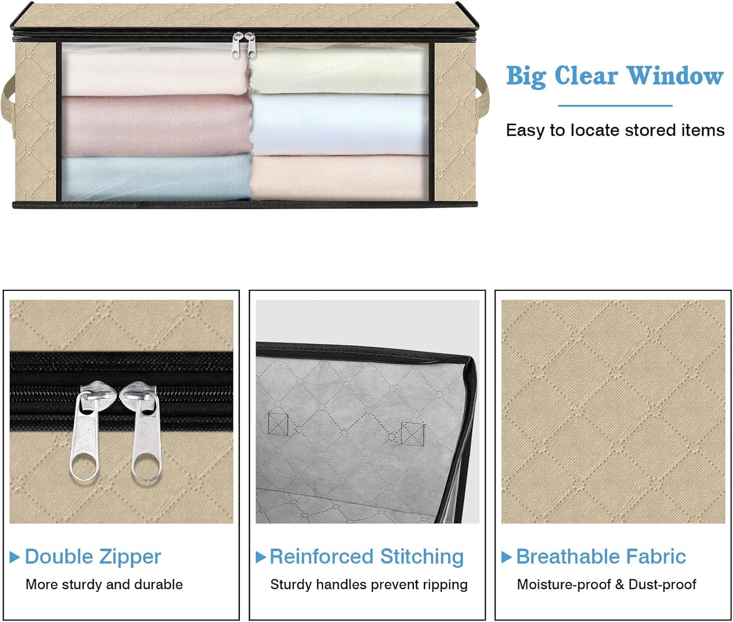 HomeHacks Storage 10-Pack Clothes Organizer Storage Bags Foldable Storage Box with Large Clear Window Sturdy Handles for Closet, Dorm, Pillows, Bedding, Clothes, Blankets, 35L, Beige