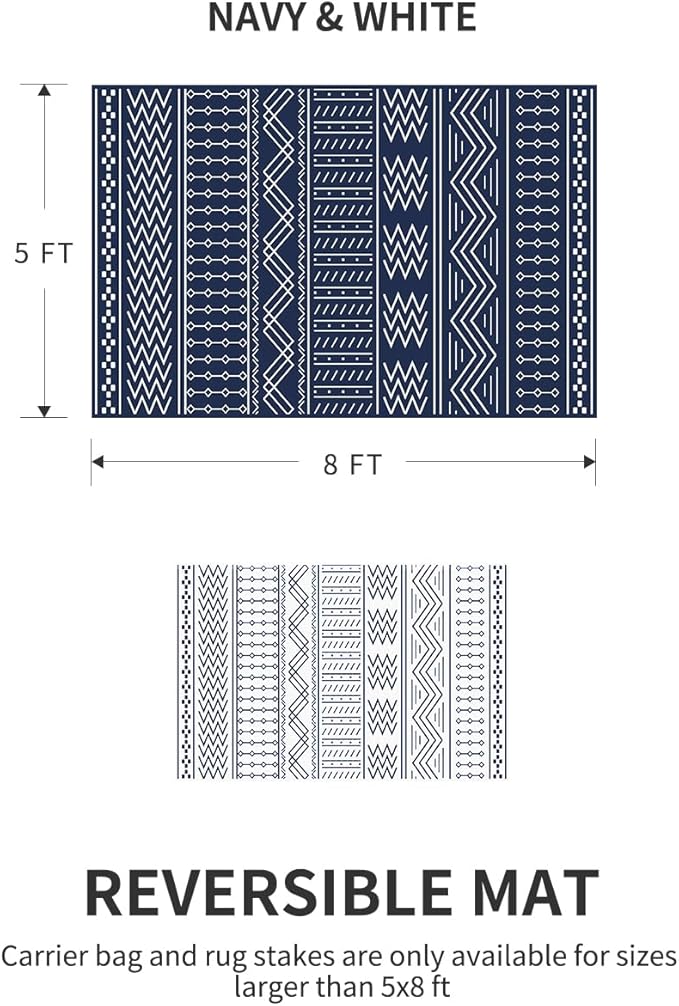 Outdoor Rug Carpet Waterproof 5x8 ft Patio Rug Mat Indoor Outdoor Area Rug for RV Camping Picnic Reversible Lightweight Plastic Straw Outside Rug for Patio Decor Decoration Boho Rug Navy Blue White