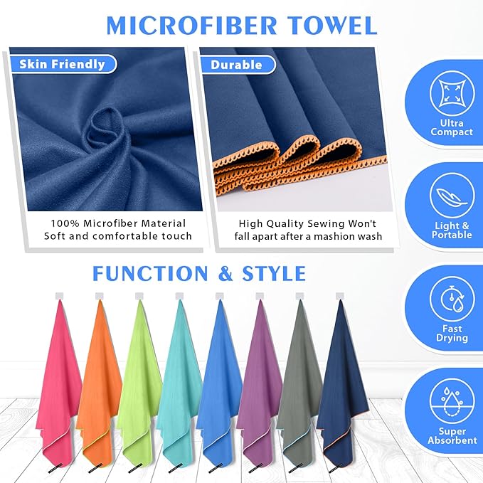 HOEAAS 2 Pack Microfiber Camping Towels, Quick Dry Towel, Super Absorbent Ultra Compact Travel Towel Soft Lightweight Sports Towel for Sweat Fast Drying Towels for Pool,Gym,Hiking,Backpacking,Fitness