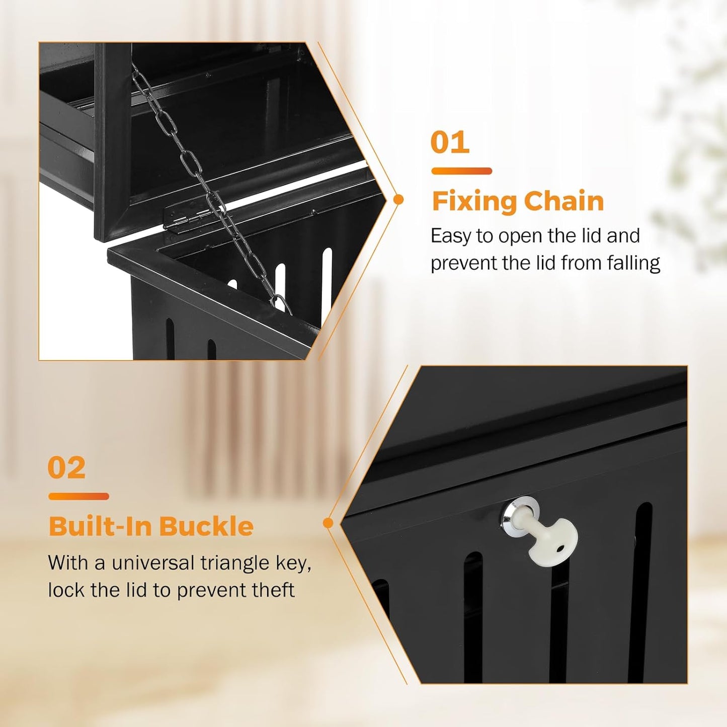 BEAMNOVA Black Trash Can Outdoor Top Tray Stainless Steel Commercial Garbage Enclosure with Locking Lid Heavy Duty Industrial Yard Garage Waste Container, 37.4 * 17.7 * 17.7in
