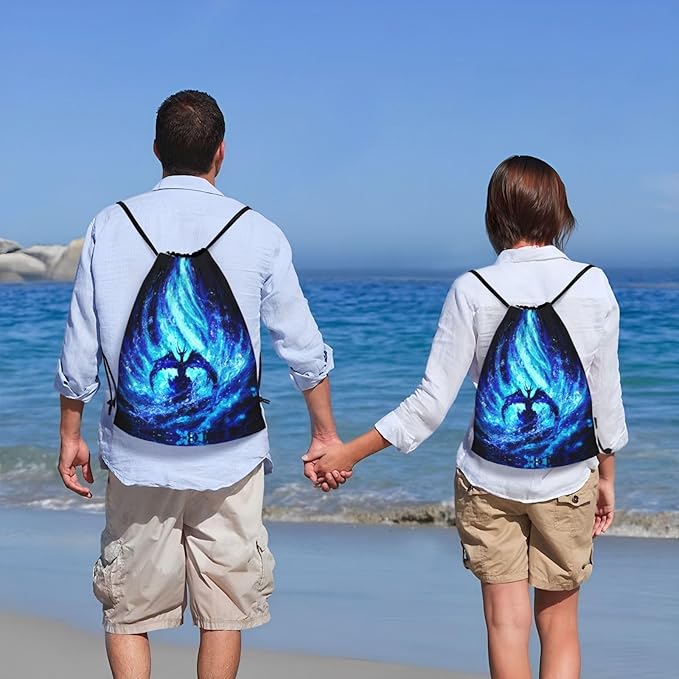 Fly Dragon Drawstring Bags Cool Blue Flame Sport Gym Sackpack Black Backgound Drawstring Backpack for Men Beach Yoga Swim String Bag Cinch Bag