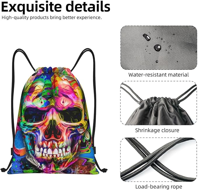 Colorful Skull Drawstring Backpack, Halloween Drawstring Bag, Theme Party Masquerade Decorations Sack String Bag Cinch Waterproof Sackpack for Sport Gym